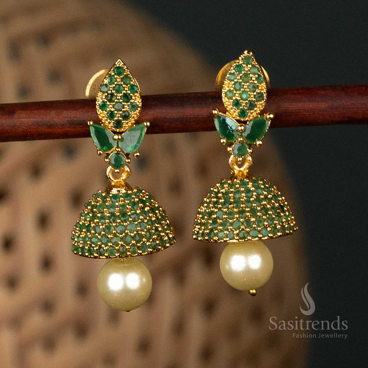 Micro gold plated green AD jhumka with pearl traditional wear guranteed -Sasitrends