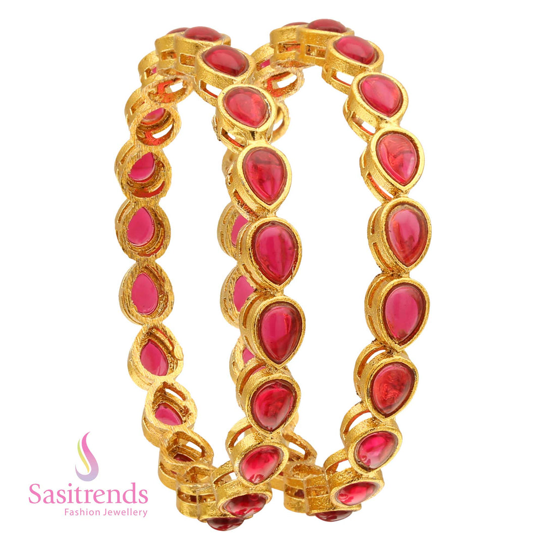 Charming pink gold-plated water drop Kemp stone bangles set, perfect for saree looks and ethnic occasions – Sasitrends