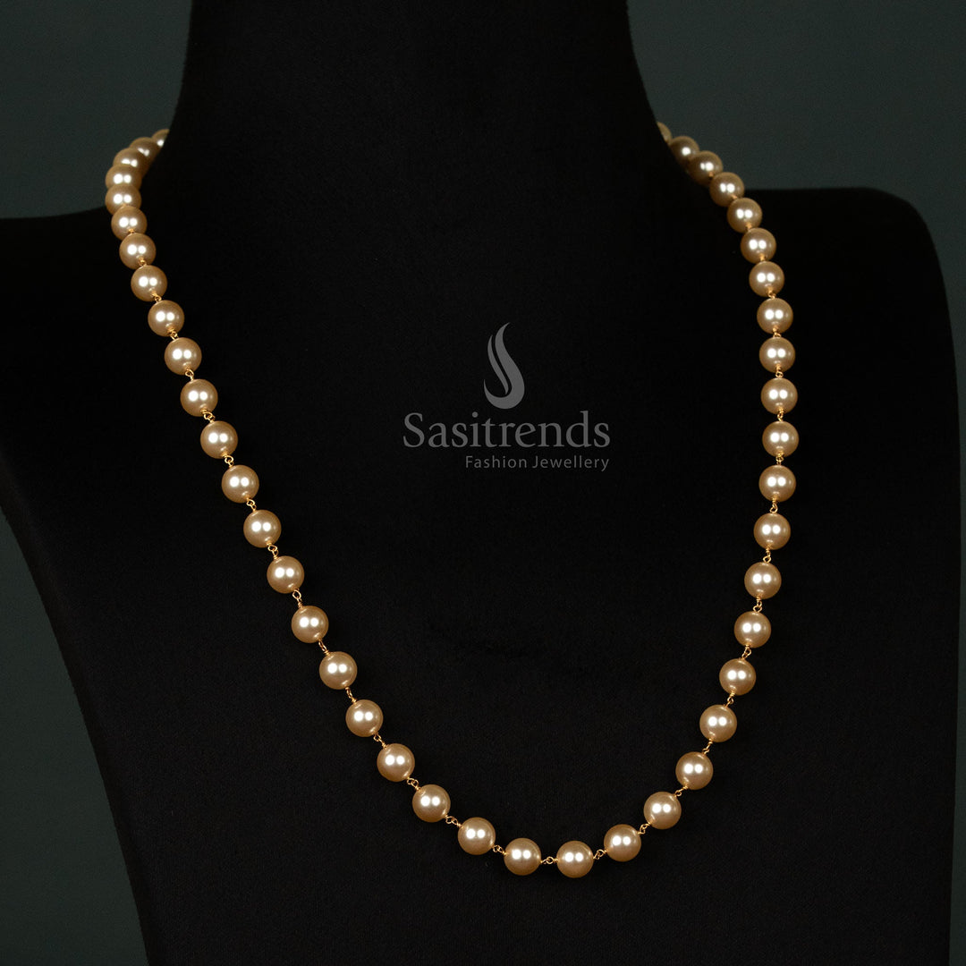 Luxurious micro gold plated 7mm pearl mala necklace with a classic champagne sheen, adorned with an ornate handmade pearl strand for an opulent traditional jewellery statement - Sasitrends