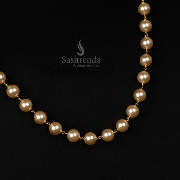Elegant micro gold plated 7mm pearl mala necklace with timeless vintage style, featuring a lustrous creamy pearl chain, creating a fine jewellery masterpiece for special occasions - Sasitrends