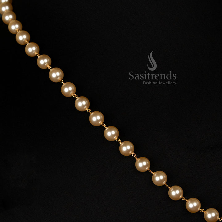 Exquisite micro gold plated 7mm pearl mala necklace featuring a soft rose gold tint, a radiant pearl beaded chain, and a regal aesthetic, making it a must-have traditional jewellery piece - Sasitrends