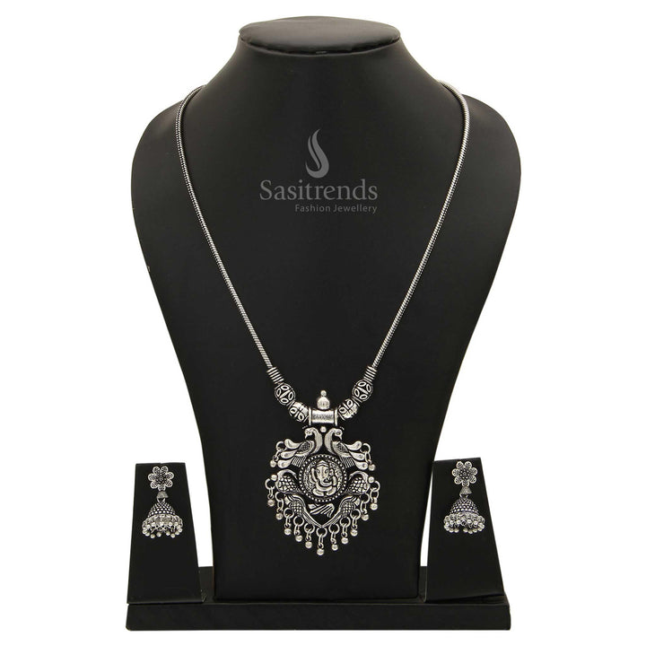 Ethereal oxidised silver Jhumka with necklace jewellery set adorned with goddess tales, temple motifs and vintage refinement - Sasitrends