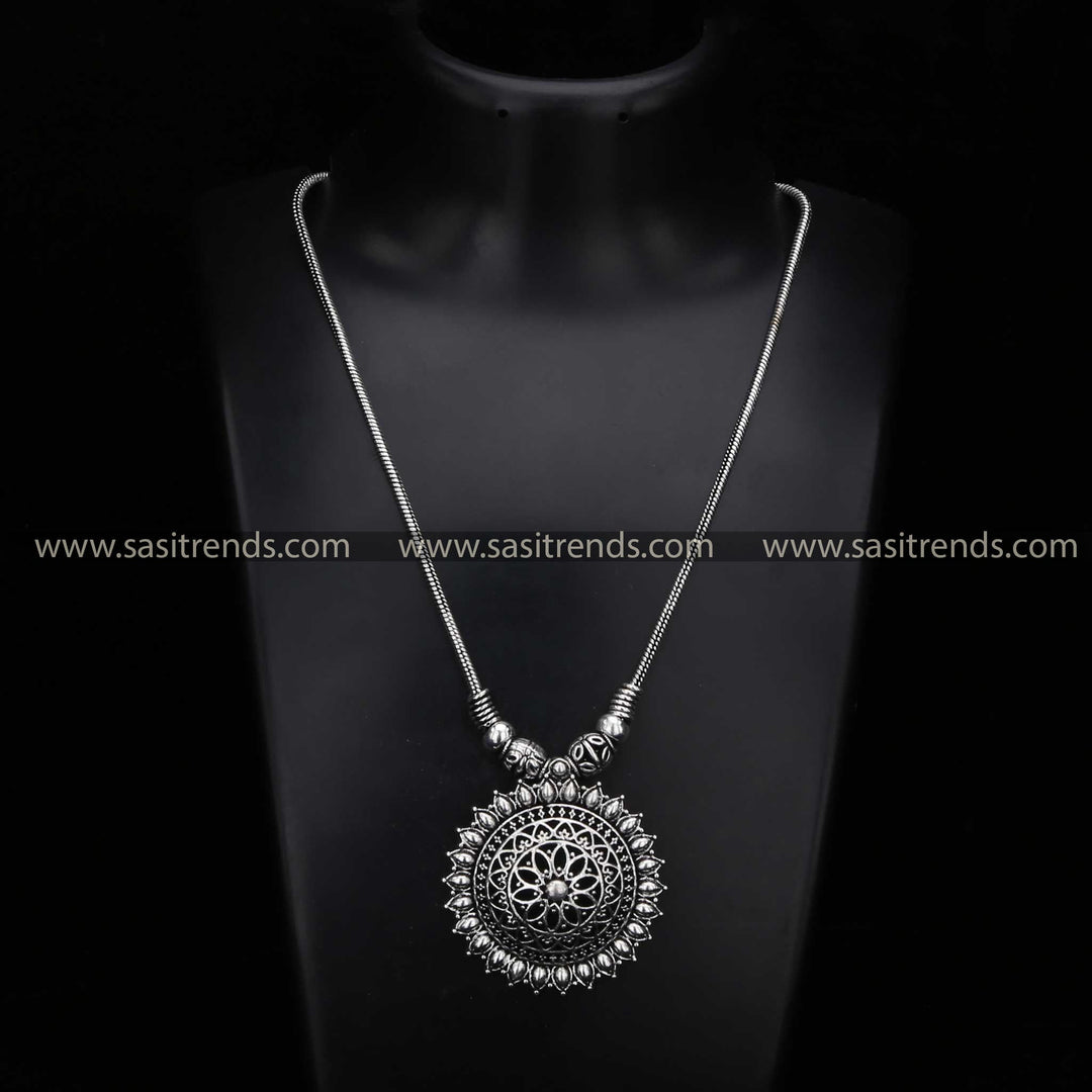 Oxidised Silver Necklace with Detailed Mandala Pendant Navarathir Special - Sasitrends