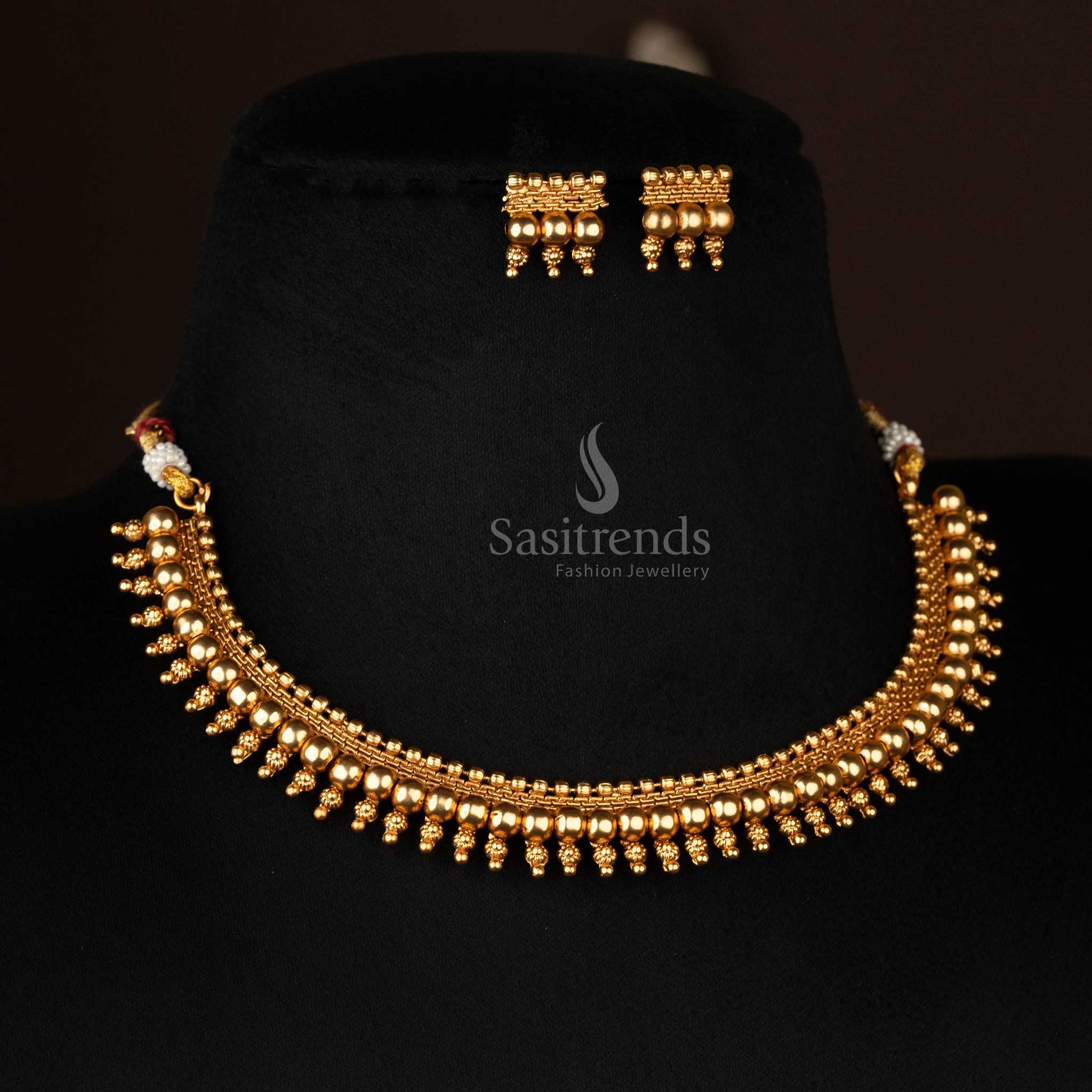 Elegant Classic Temple Matte Gold Plated Ball Necklace Jewellery Set with Earrings Sasitrends