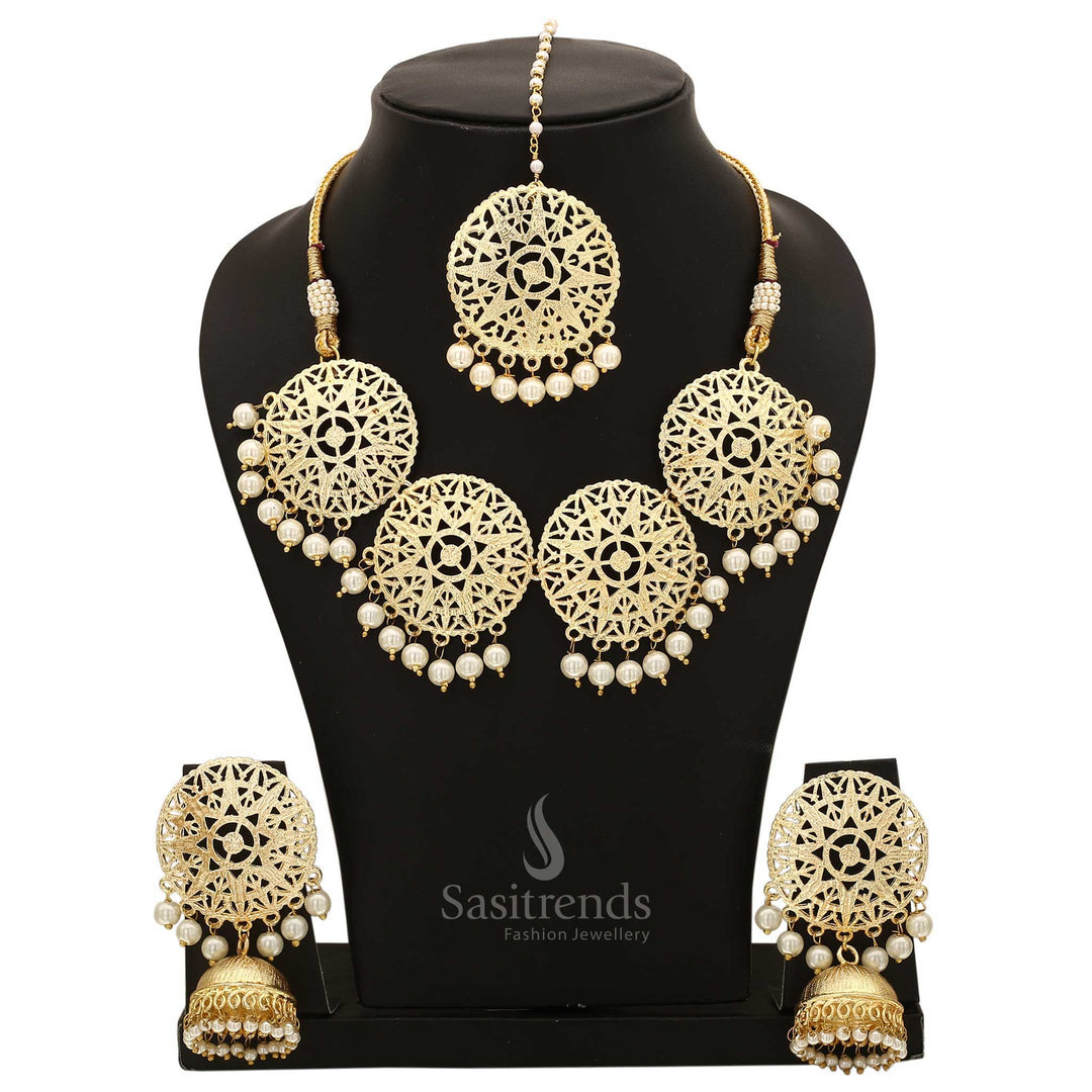 Elegant Big Pearl Antique Necklace With Designer Earrings – Festive Wear Traditional Jewellery Set For Girls And Women Crafted With Classic Detailing And A Royal Finish For Wedding And Occasion Looks – Sasitrends