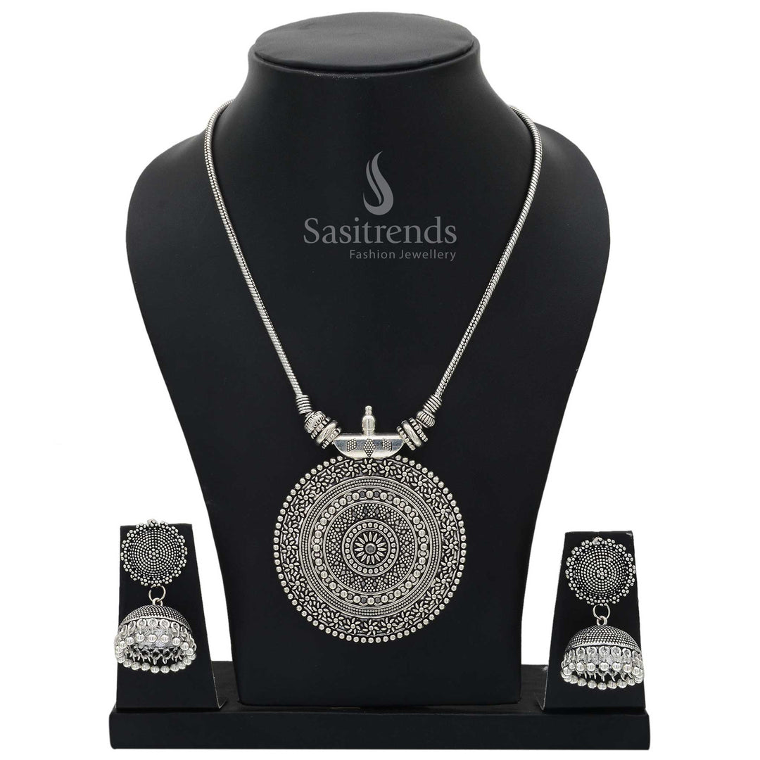 Nayanthara oxidised silver chakra pendant chain jewellery set with jhumka earrings featuring mystic spiral design and tribal boho charm - Sasitrends