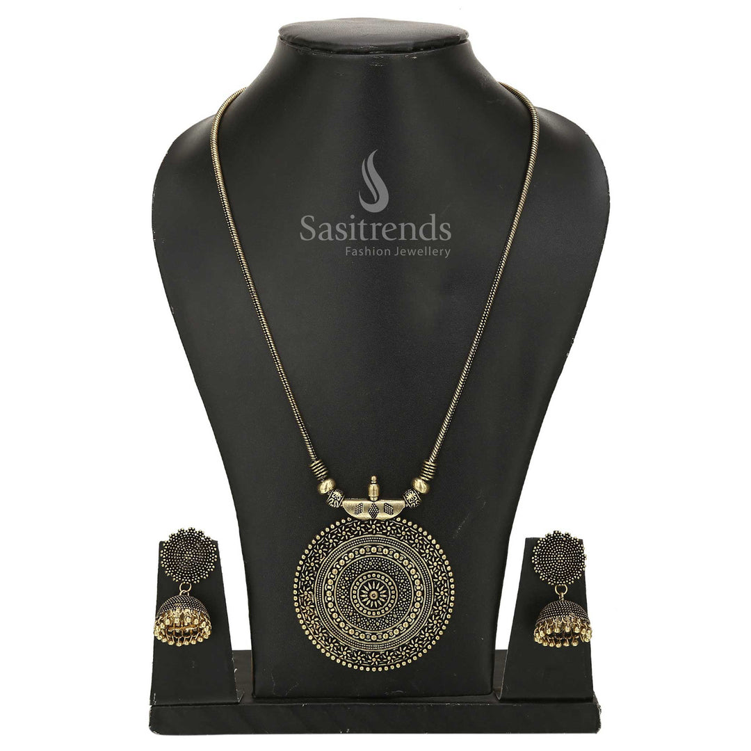 Antique gold Nayanthara chakra pendant chain jewellery set with traditional jhumka earrings and divine symbolic motif in temple matte finish - Sasitrends