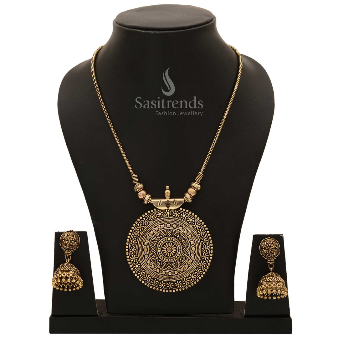 Traditional Roopasi antique gold chakra pendant chain jewellery set with floral inspired jhumkas and divine ornate details for festive wear - Sasitrends