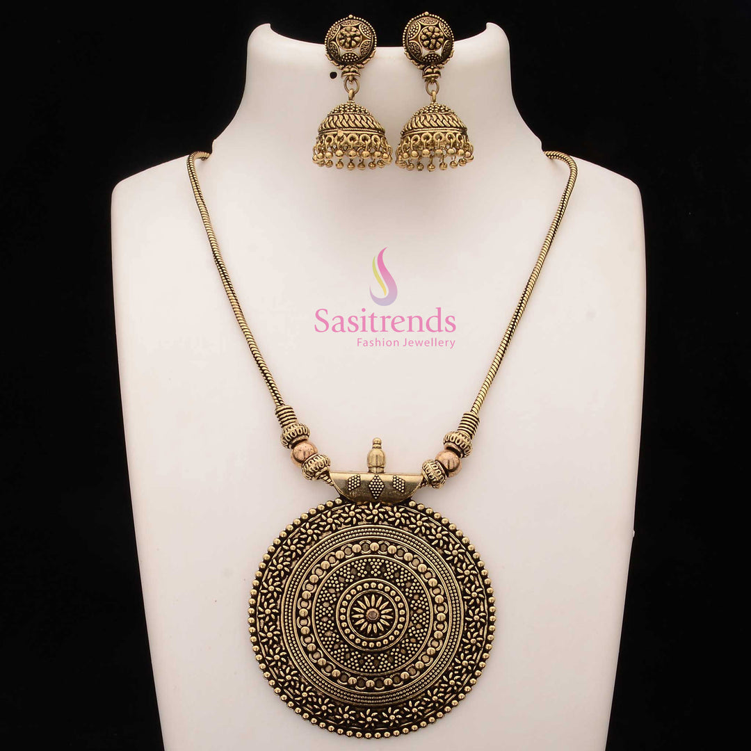 Roopasi antique gold plated chakra pendant jewellery set with kemp stone jhumkas and temple matte gold finish for grand ethnic ensembles - Sasitrends