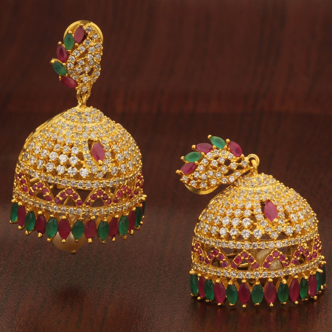 Designer Multi-Color AD Stone Jhumka Earrings in Micro Gold Plating, Ideal for Bridal and Party Wear - Sasitrends