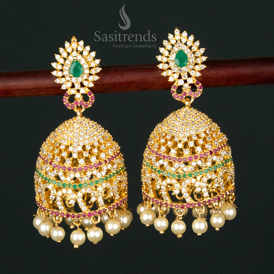 Traditional Multi-Color American Diamond Micro Gold Plated Big Jhumka Earrings – Exquisite Royal Bridal Wedding Festive Wear Jewellery for Ethnic Elegance