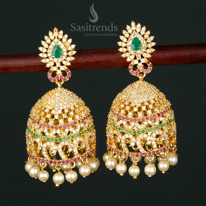 Traditional Multi-Color American Diamond Micro Gold Plated Big Jhumka Earrings – Exquisite Royal Bridal Wedding Festive Wear Jewellery for Ethnic Elegance