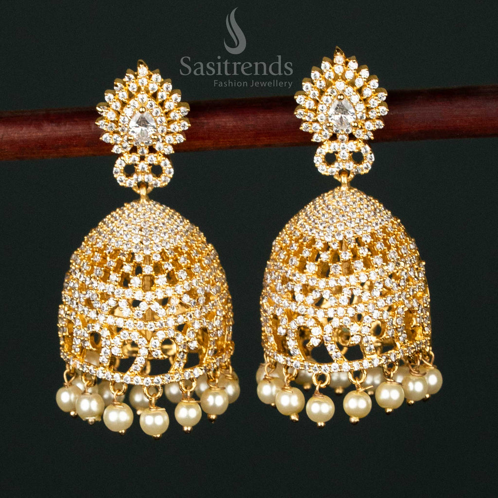 Elegant White American Diamond Micro Gold Plated Big Jhumka Earrings – Classic Bridal Wedding Traditional Statement Jewellery for Majestic Look