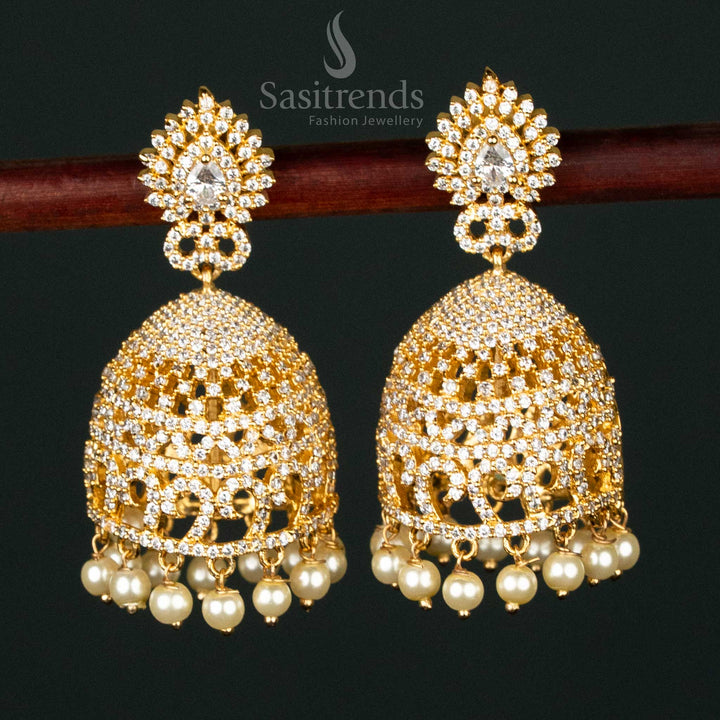 Elegant White American Diamond Micro Gold Plated Big Jhumka Earrings – Classic Bridal Wedding Traditional Statement Jewellery for Majestic Look