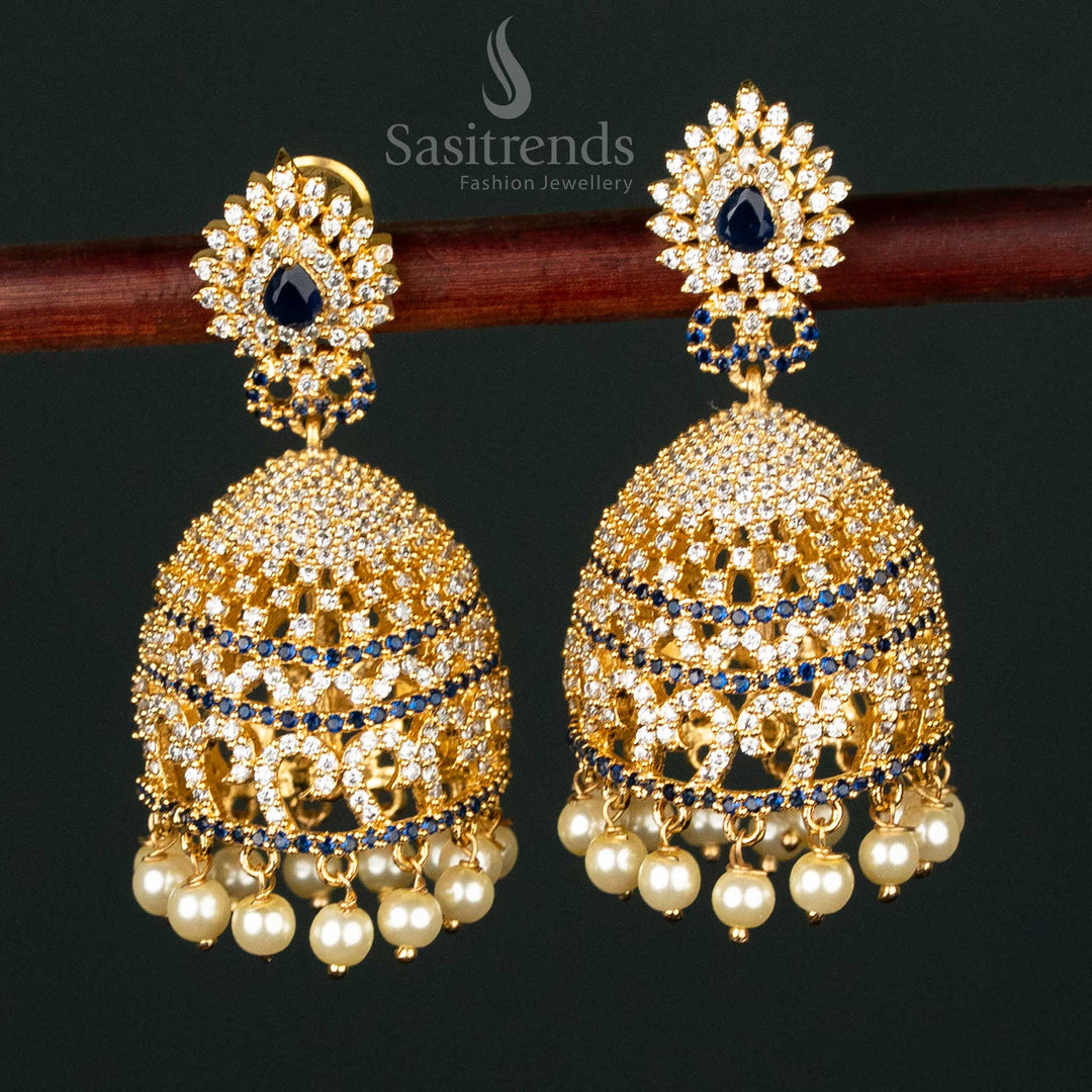 Majestic White-Black American Diamond Micro Gold Plated Big Jhumka Earrings – Traditional Royal Bridal Wedding Jewellery for Stunning Ethnic Glam
