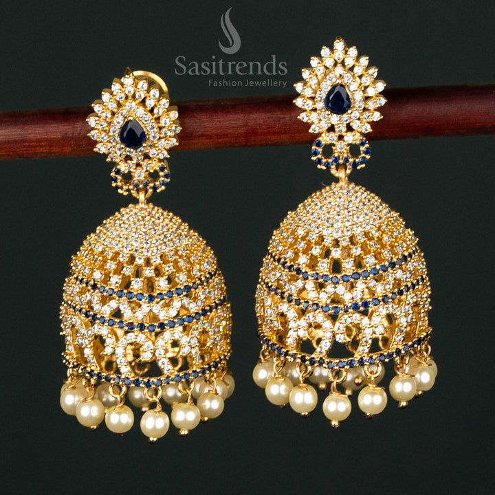 Majestic White-Black American Diamond Micro Gold Plated Big Jhumka Earrings – Traditional Royal Bridal Wedding Jewellery for Stunning Ethnic Glam