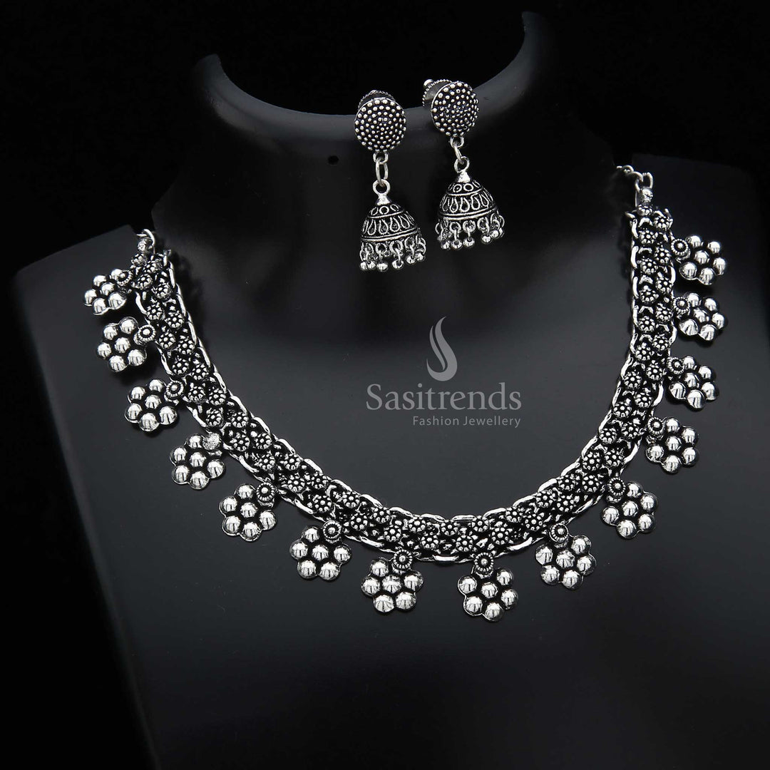 Elegant Oxidised German Silver Necklace with coordinated dangler earrings—a stunning jewellery set for festive occasions or casual Indo-Western fusion looks for modern women and girls – Sasitrends
