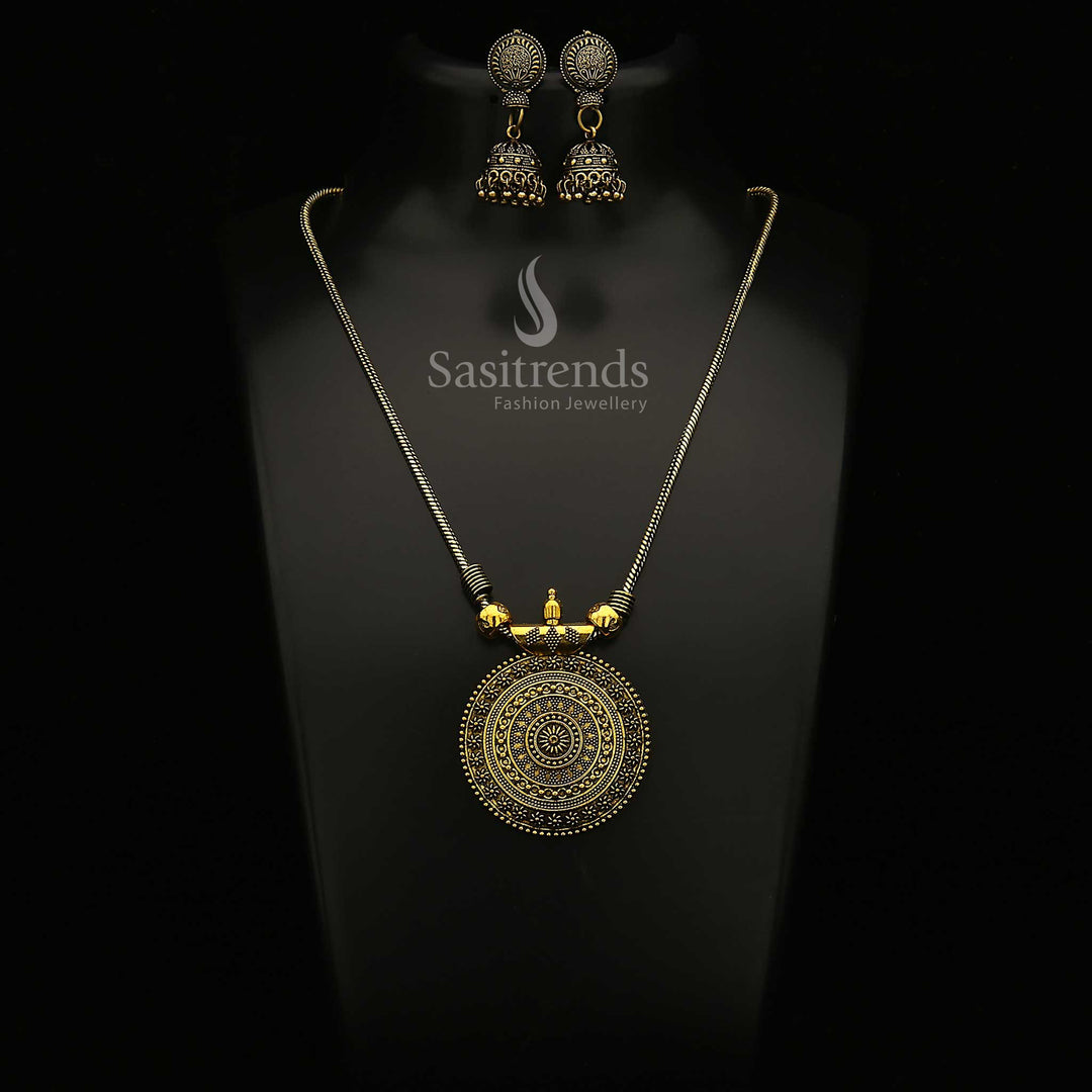 Traditional Antique Gold Roopasi Chakra Pendant Chain and Kemp Jhumka Earrings Set, adorned with temple-style elegance—perfect ethnic jewellery for saree wear and festive occasions – Sasitrends