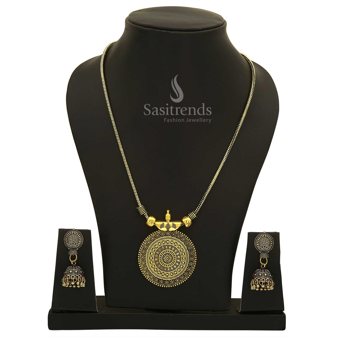 Heritage-inspired Antique Gold Roopasi Chakra Pendant Necklace and Jhumkas Set featuring a rich matt finish and intricate classic craftsmanship—timeless festive jewellery for traditional events – Sasitrends