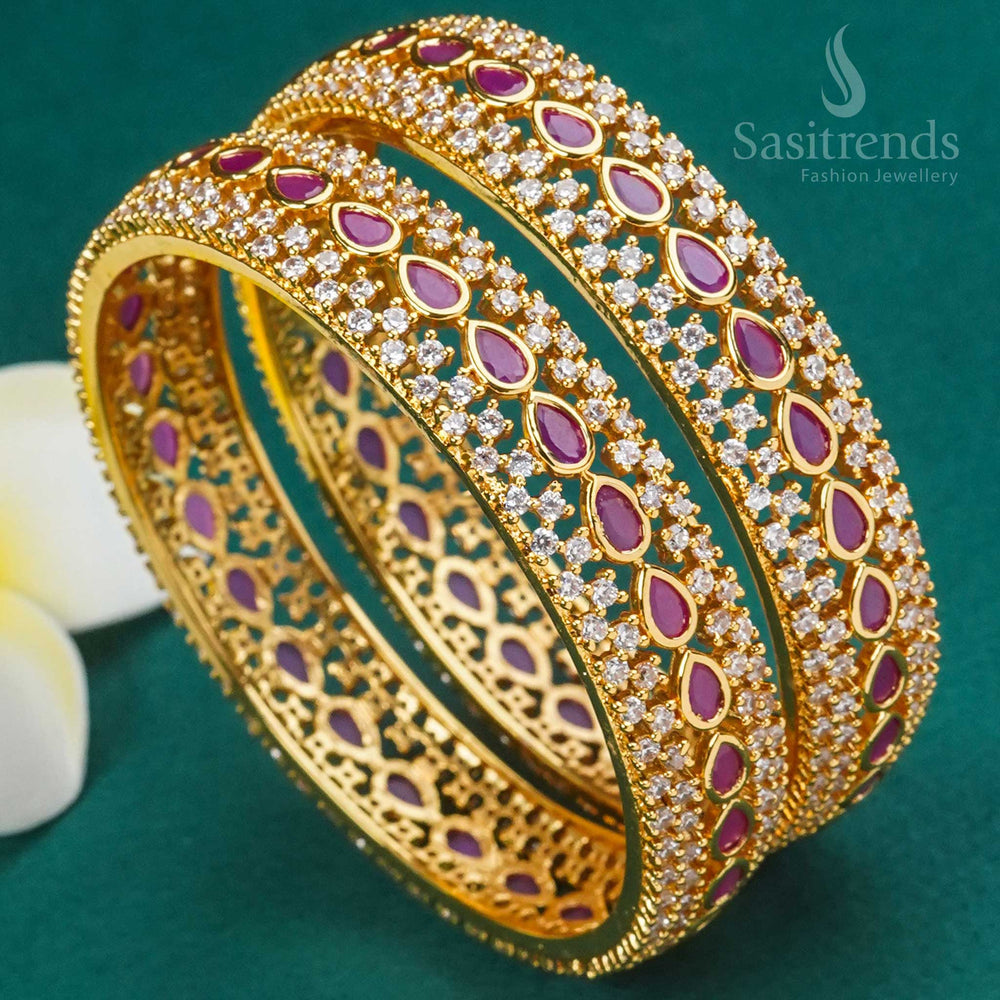 Sparkling elegance AD stone-studded micro gold-plated Kada bangles, featuring a premium white-ruby stone combination - Sasitrends
