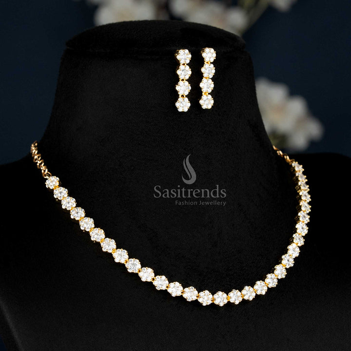 Celestial White American Diamond Floral Necklace Set With Micro Gold Plating, Exquisite Handcrafted Jewellery Designed For Women’s Grand Festivities – Sasitrends