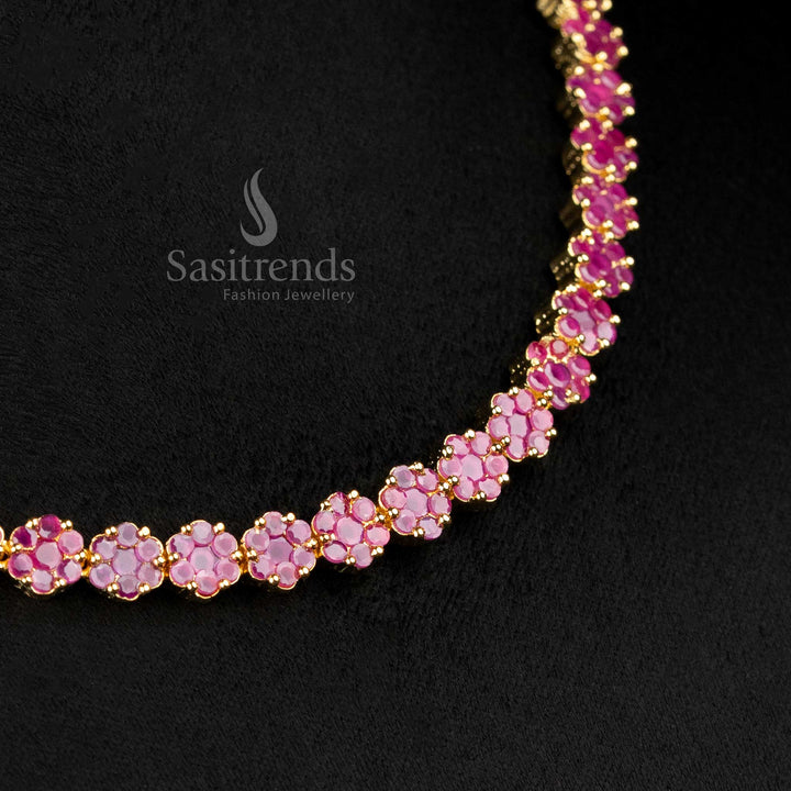 Crimson Ruby American Diamond Floral Necklace Set With Micro Gold Plating, Lavish Handcrafted Jewellery Crafted For Weddings And Grand Celebrations – Sasitrends