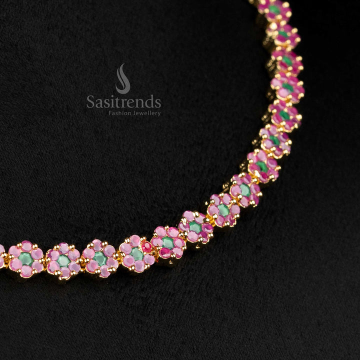 Vintage Ruby-Green American Diamond Floral Necklace Set With Micro Gold Plating, Opulent Cultural Jewellery Created To Adorn Grand Celebrations And Ethnic Gatherings – Sasitrends