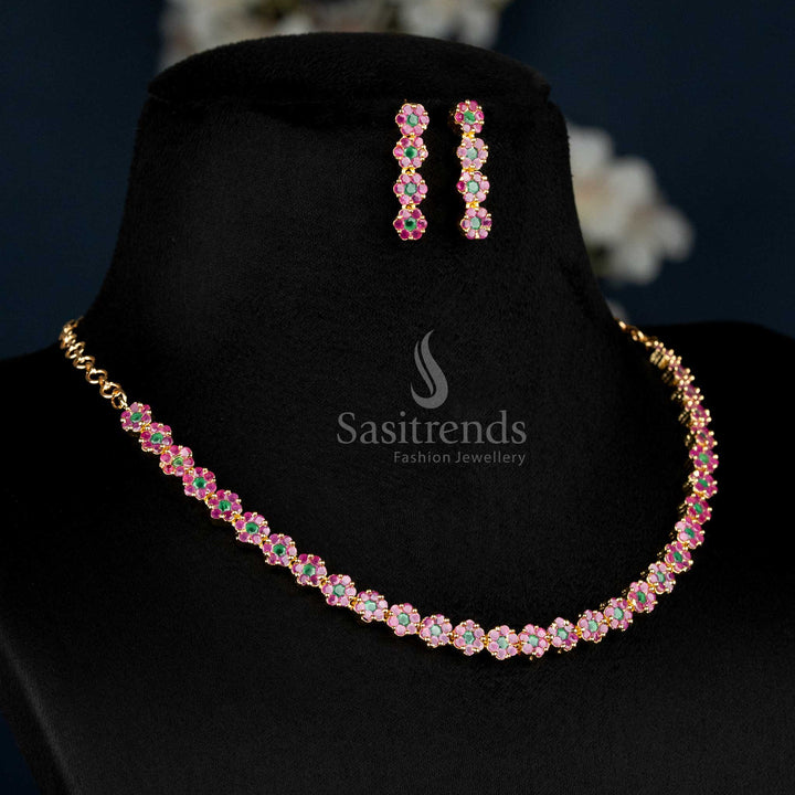 Imperial Ruby-Green American Diamond Floral Necklace Set With Micro Gold Plating, Lavish Kemp Traditional Jewellery That Glorifies Festive Splendour For Women – Sasitrends