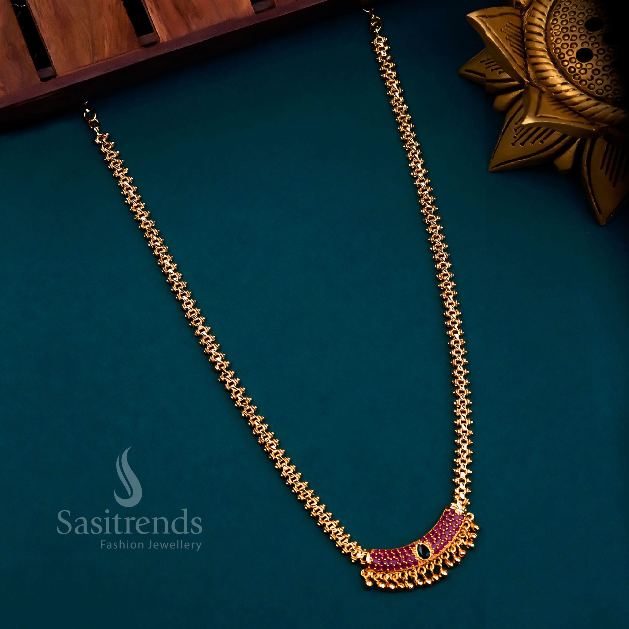 Traditional Micro Gold Plated Long Gajiri Necklace with Pendant