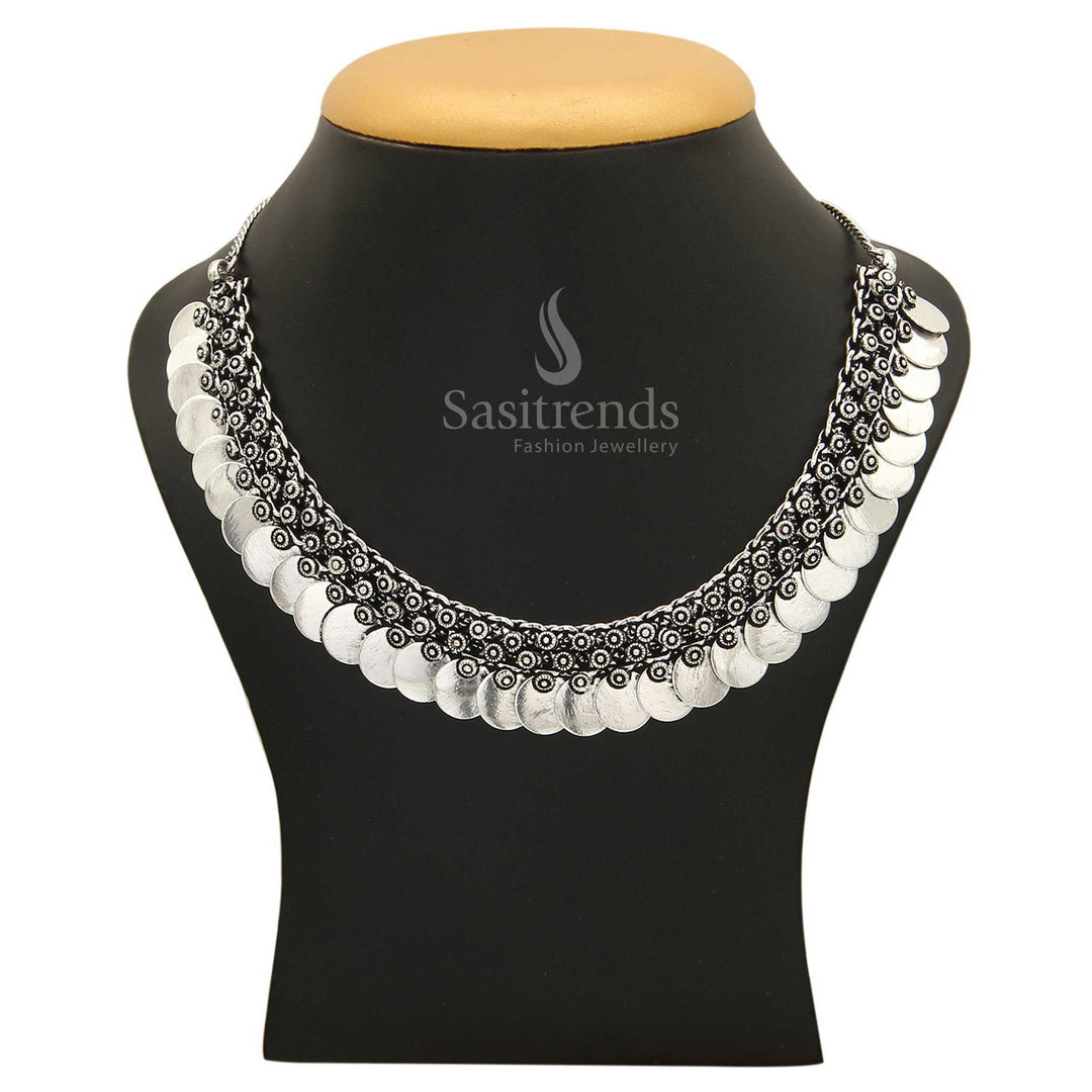 Stylish oxidised silver plain coin necklace, featuring a vintage-inspired design, adding a touch of antique charm from Sasitrends