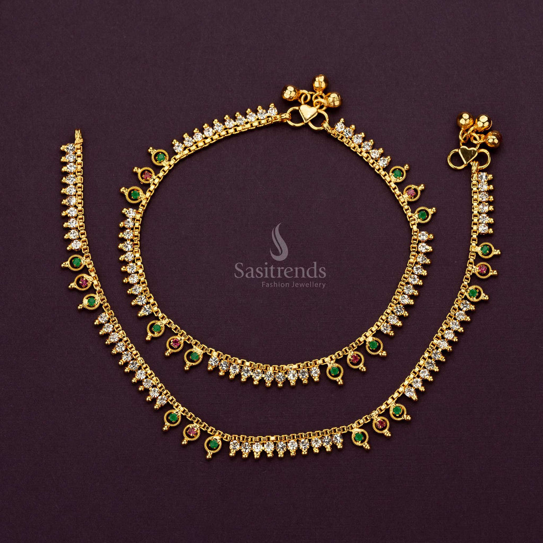 Traditional One Gram Micro Gold Plated Anklets With AD Stones And Gold Accents - Sasitrends - Sasitrends