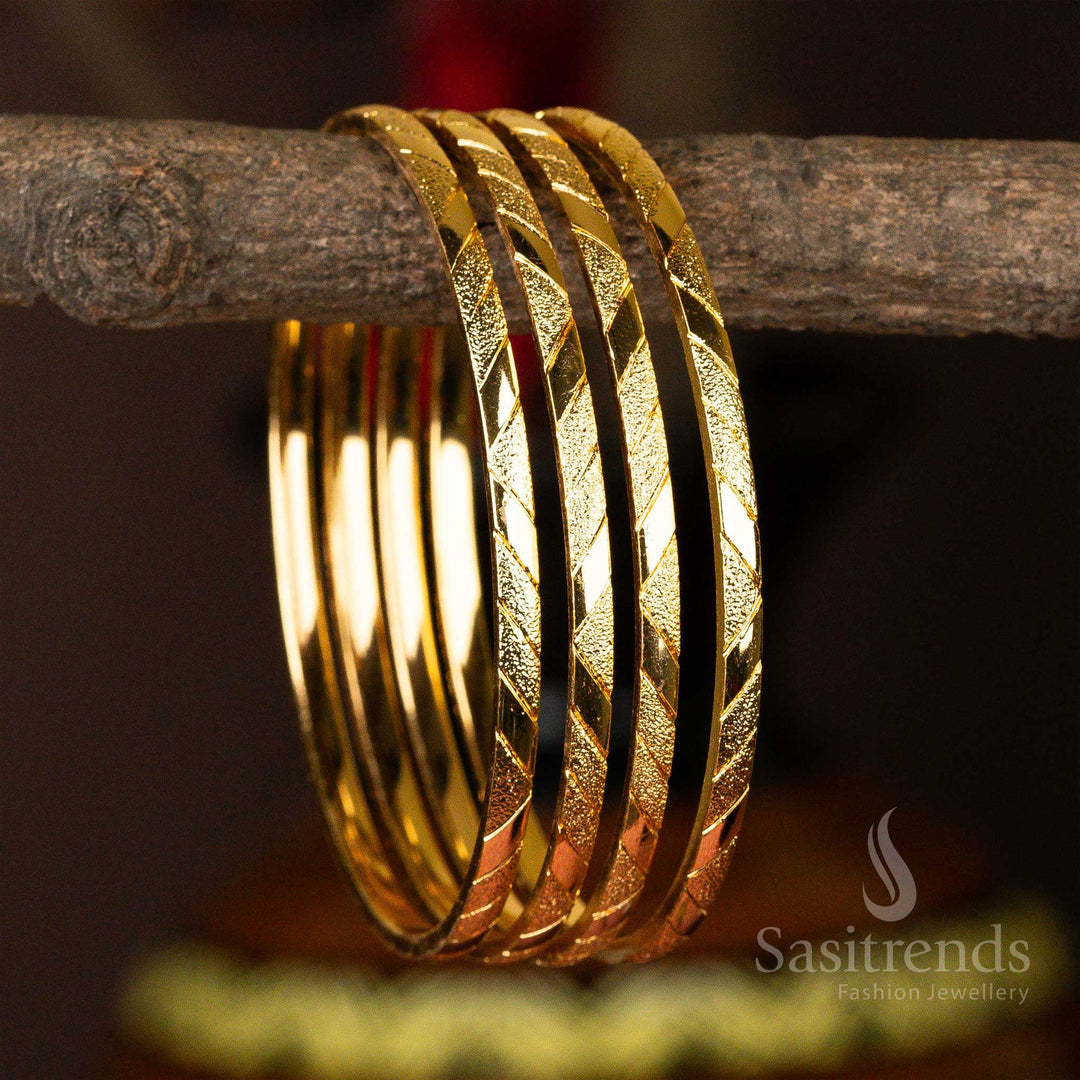 Elegant 4-piece bangle set with leaf-like etchings and micro gold plating