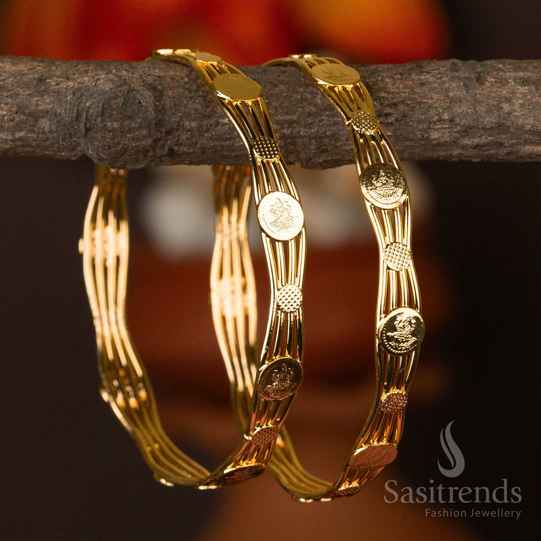Auspicious Lakshmi coin motif on micro gold-plated bangles