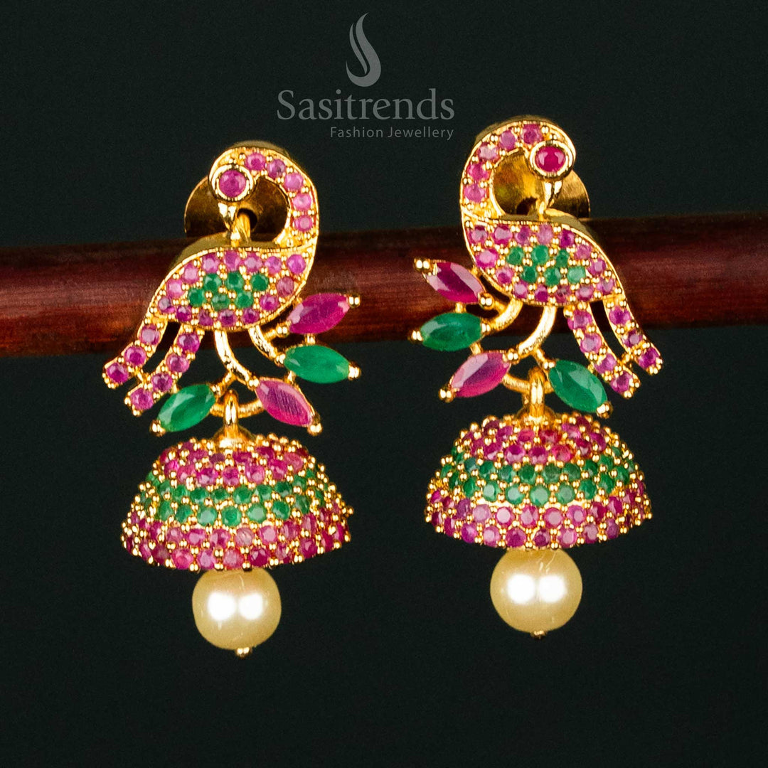 Traditional Indian Jhumka Earrings with Peacock Design, Ruby-Green AD Stones, and Micro Gold Finish for a Luxurious Look - Sasitrends