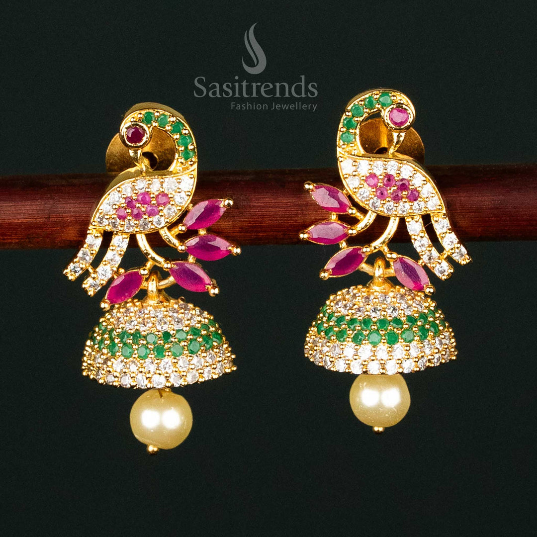Multicolor American Diamond Peacock Jhumka Earrings with Micro Gold Plating – A Perfect Blend of Ethnic Elegance - Sasitrends