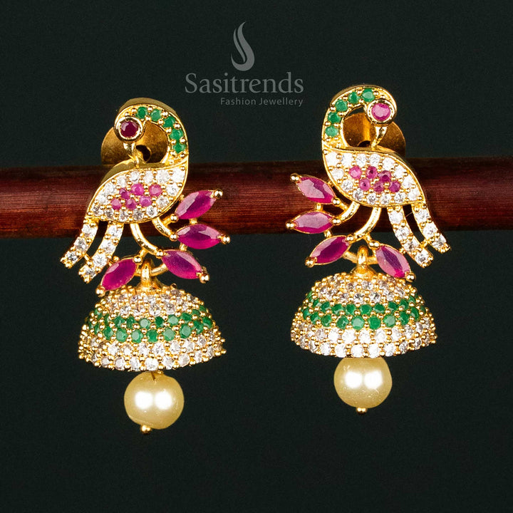 Multicolor American Diamond Peacock Jhumka Earrings with Micro Gold Plating – A Perfect Blend of Ethnic Elegance - Sasitrends