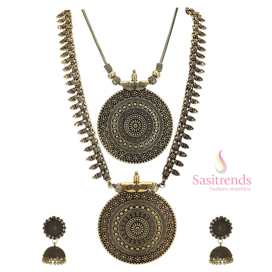 Majestic Antique Gold Niranjana Jewellery Combo with Layered Haram, Sleek Pendant, and Jhumkas—a temple-inspired occasion-wear set for cultural grace – Sasitrends