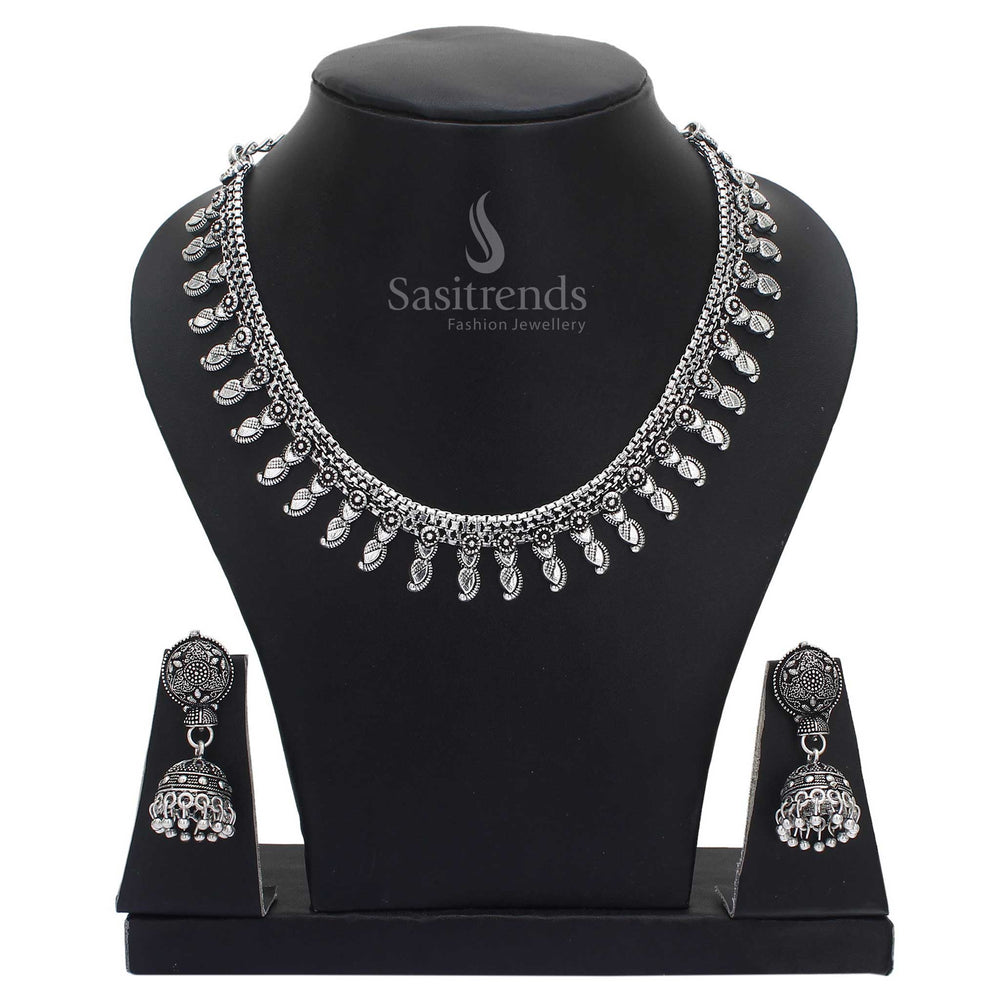 Cultural Ensemble oxidised silver jewellery set with handcrafted jhumka earrings – a vintage boho flair perfect for both festive moments and casual cultural statements – Sasitrends
