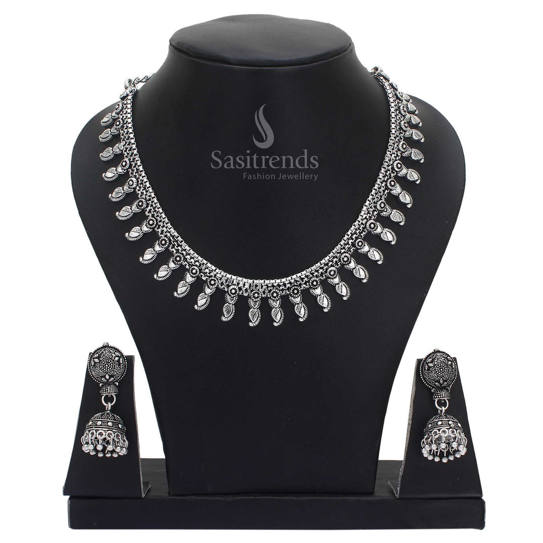 Cultural Ensemble oxidised silver jewellery set with handcrafted jhumka earrings – a vintage boho flair perfect for both festive moments and casual cultural statements – Sasitrends