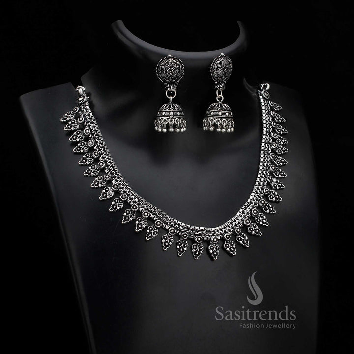Timeless folk design oxidised silver jewellery set with charming jhumka earrings – ideal for vintage-inspired cultural wear lovers – Sasitrends