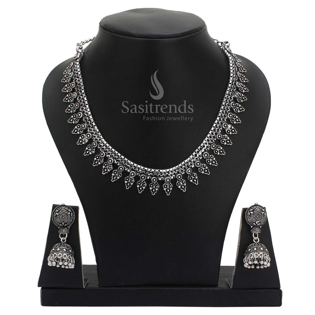 Ethnic elegance oxidised silver jewellery set with temple-inspired detailing and traditional jhumkas – ideal for cultural occasions and family celebrations – Sasitrends
