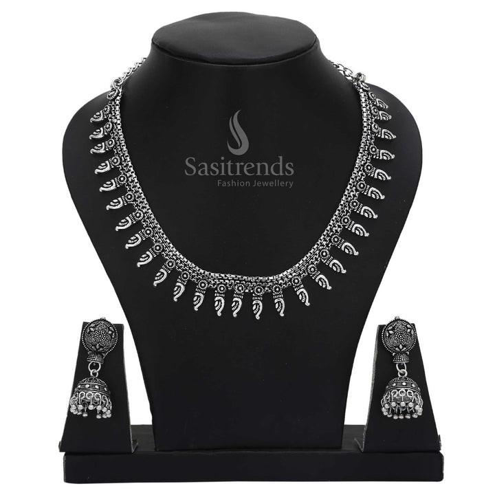 Classic fusion oxidised silver jewellery set with dainty jhumkas and boho-chic accents – perfect for semi-traditional cultural gatherings – Sasitrends