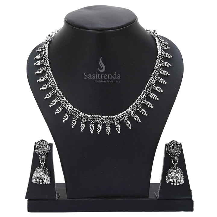 Dramatic tradition captured in oxidised silver jewellery set with lively jhumka earrings and festive ethnic style – a cultural showstopper – Sasitrends