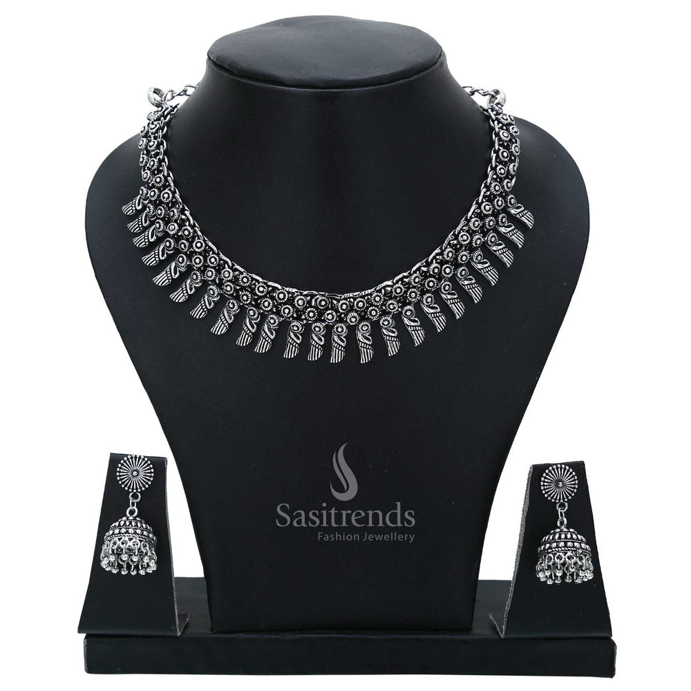 Traditional Oxidised Silver Mango Necklace Jewellery Set with matching jhumkas, featuring ethnic temple finish and divine motifs—perfect for cultural and festive wear – Sasitrends