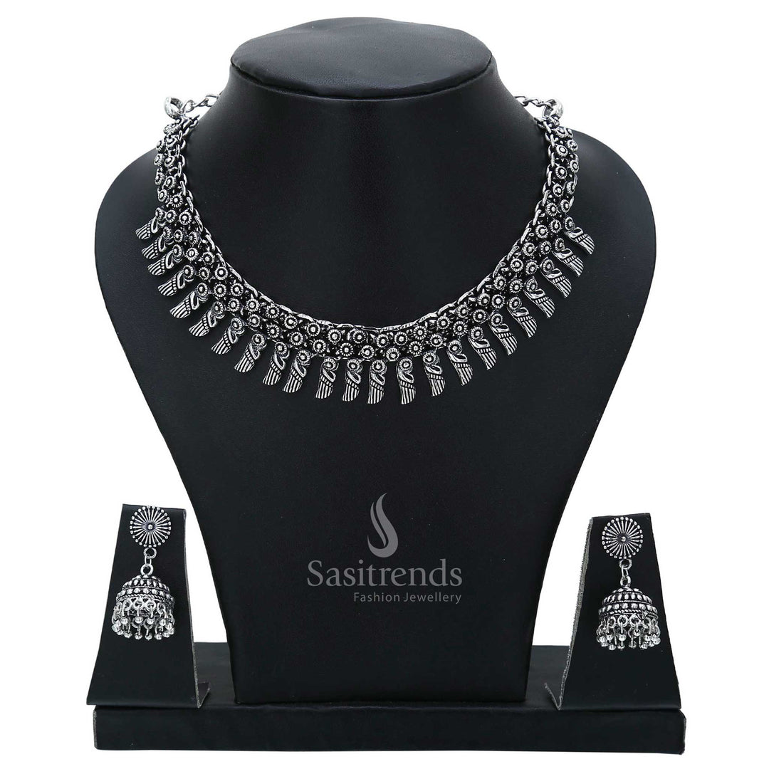 Traditional Oxidised Silver Mango Necklace Jewellery Set with matching jhumkas, featuring ethnic temple finish and divine motifs—perfect for cultural and festive wear – Sasitrends