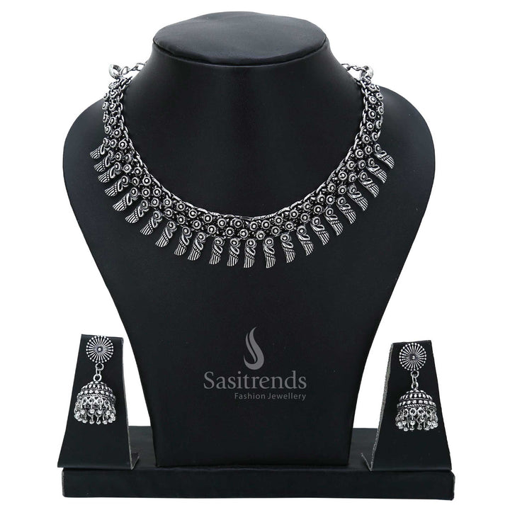 Traditional Oxidised Silver Mango Necklace Jewellery Set with matching jhumkas, featuring ethnic temple finish and divine motifs—perfect for cultural and festive wear – Sasitrends