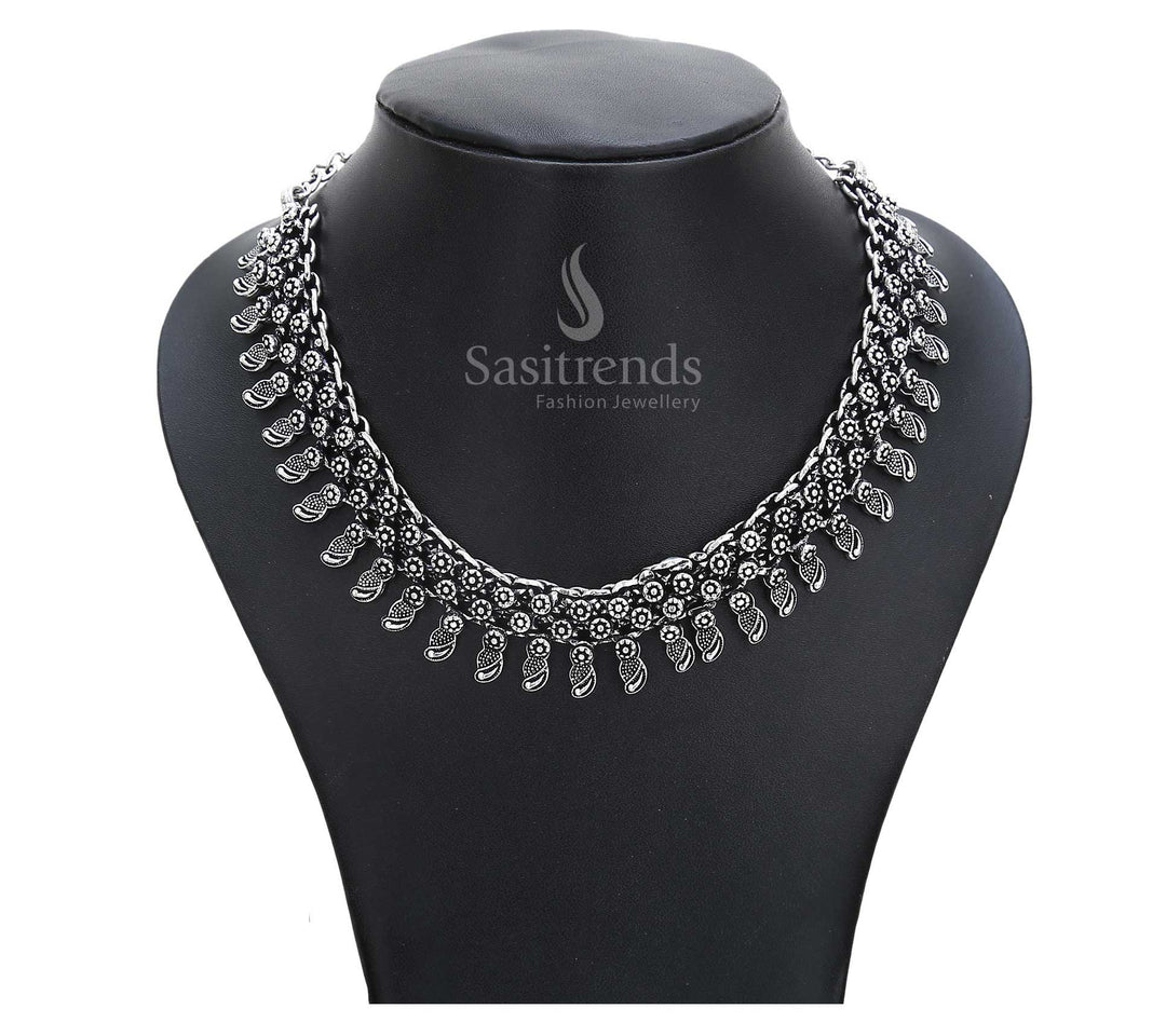Divine threads of history in this oxidised folk necklace with cascading metal droplets and an ancient scroll motif – artistic ancestral jewellery – Sasitrends
