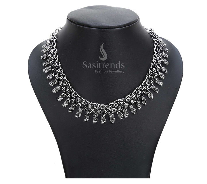Divine threads of history in this oxidised folk necklace with cascading metal droplets and an ancient scroll motif – artistic ancestral jewellery – Sasitrends