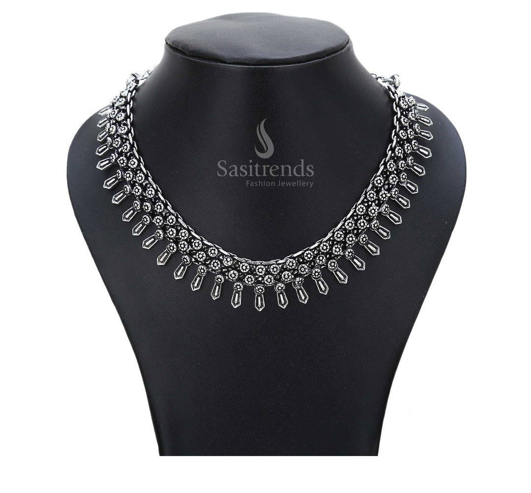 Sacrifice and glory immortalised in this ethnic oxidised necklace featuring a heritage border motif and rare medallions – striking ancestral jewellery – Sasitrends