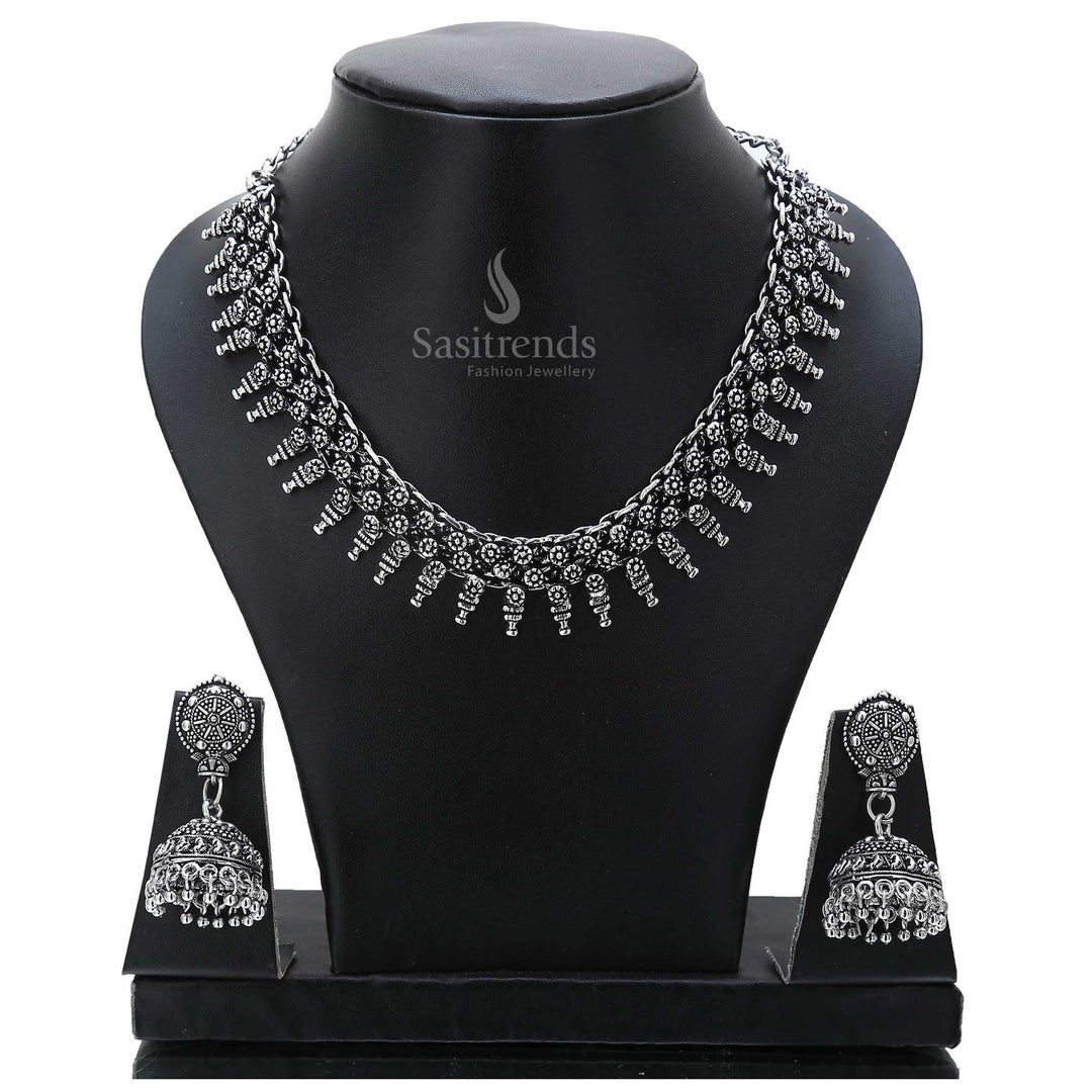 Royal legacy inspired oxidised silver jewellery set with a grand neckpiece and classical jhumkas – perfectly suited for lovers of ancestral tradition – Sasitrends
